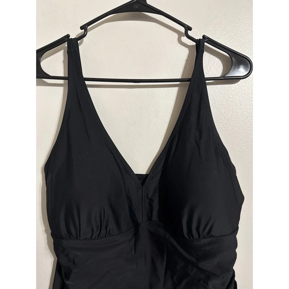 Shekini Women Black V-Neck Ruched One Piece Swimdress Swimsuit Size XL